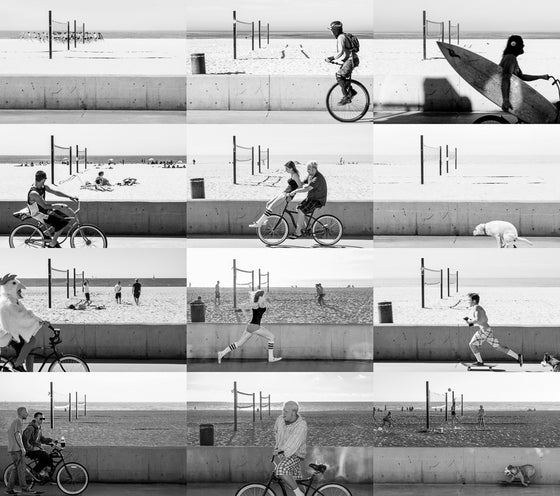 A timelapse photo from the Strand in Hermosa Beach, Los Angeles, California, in black and white, by Matthew Welch, which he calls a FLOW