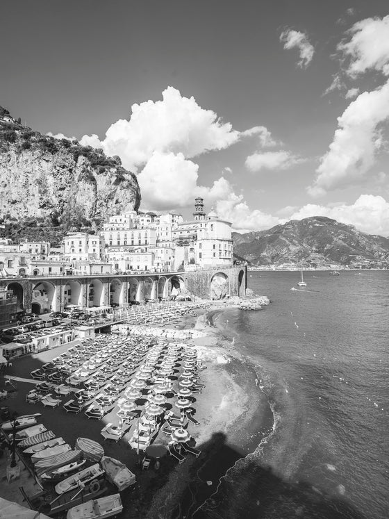 Atrani beach on the Amalfi Coast in Italy on a summer day in black and white.