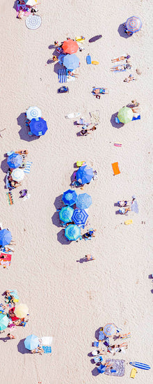  Vertical panoramic color aerial photo of Manhattan Beach in Los Angeles with beach umbrellas