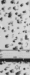 Vertical panoramic black and white aerial photo of the Manhattan Beach Pier in Los Angeles with beach umbrellas
