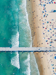  Color aerial photo of Hermosa Beach Pier in Los Angeles with beach umbrellas