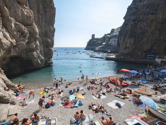 Praiano beach on the Amalfi coast in Italy in the summertime in color.