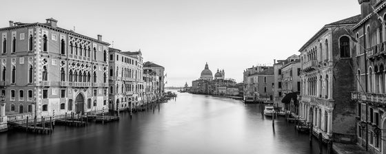 The Grand Canal and Basilica di Santa Maria della Salute in Venice Italy in black and white