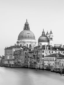  Black and white photo of Venice Italy, the Grand Canal and the Basilica di Santa Maria della Salute (aka The Salute), taken at dusk
