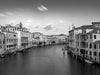 Black and white long exposure photo of the grand canal in Venice Italy