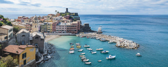 Panoramic aerial photo of Vernazza, in the Cinque Terre of Italy