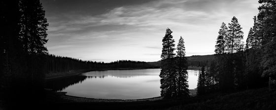 a lake surrounded by a forest with dramatic clouds at sunset with pine and evergreen trees in Colorado in black and white