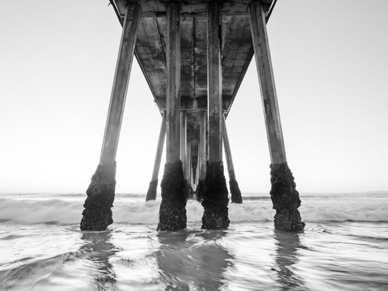 Hermosa Beach pier during golden hour. The barnacles on the pillars of the pier are the focal point as the light blue water sways against them and the orange horizon is seen behind them in black and white.