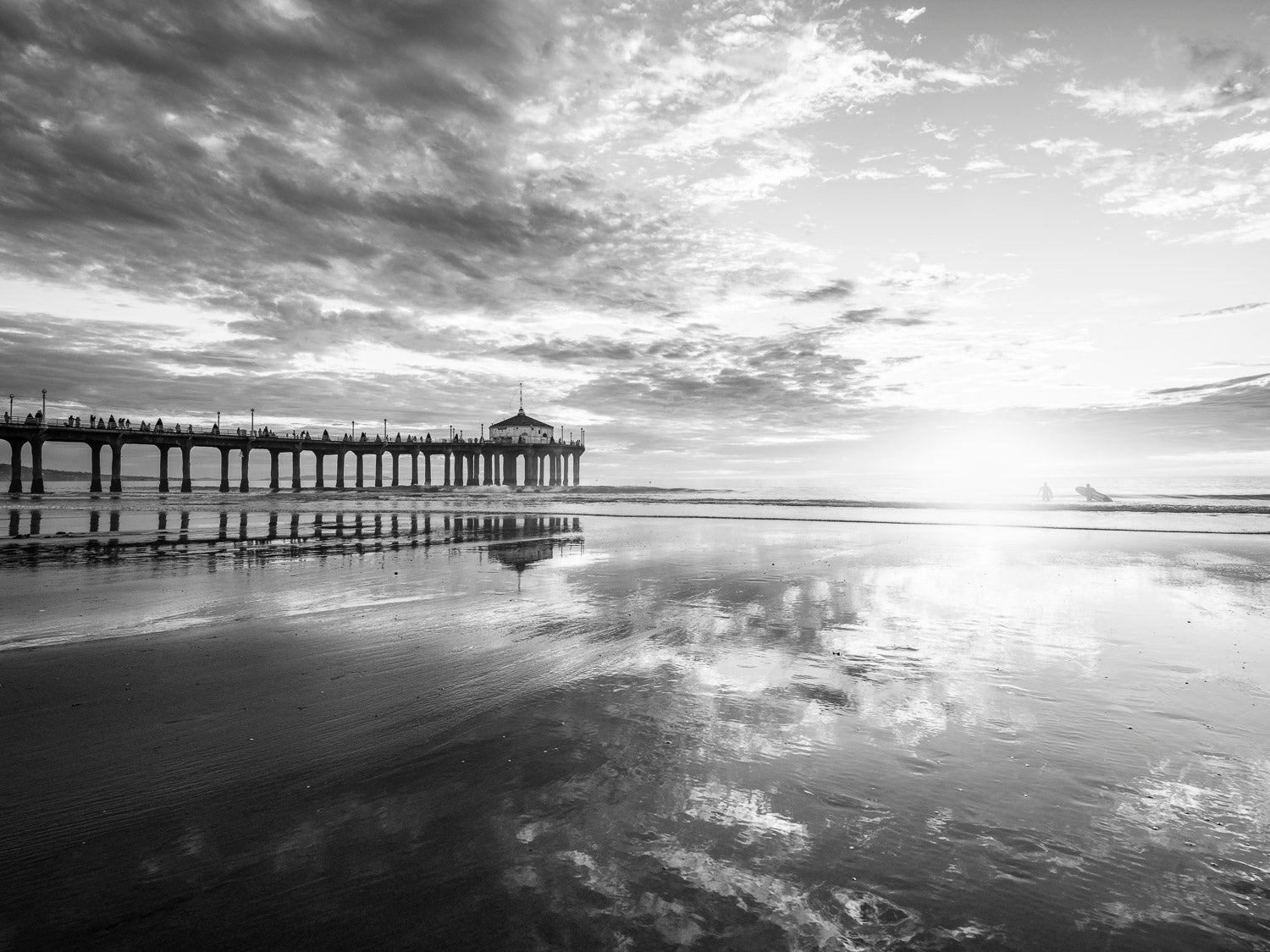 Low Tide, Manhattan Beach Pier With Surfers, Sunset Pacific Coast