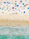 Color aerial photo of Manhattan Beach in Los Angeles with beach umbrellas, sand and the ocean