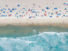  Color aerial photo of Manhattan Beach in Los Angeles with beach umbrellas, sand and the ocean