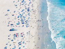  Color aerial photo of Manhattan Beach in Los Angeles with beach umbrellas, a lifeguard tower and the ocean