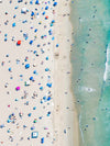Color aerial photo of Manhattan Beach in Los Angeles with beach umbrellas, sand and the ocean