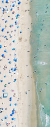 Vertical panoramic color aerial photo of Manhattan Beach in Los Angeles with beach umbrellas, sand and the ocean