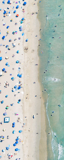  Vertical panoramic color aerial photo of Manhattan Beach in Los Angeles with beach umbrellas, sand and the ocean
