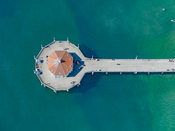 Color aerial photo of Manhattan Beach Pier in Los Angeles