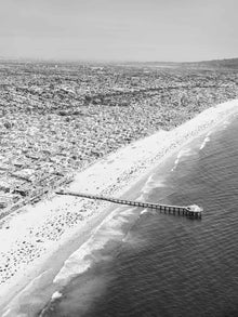  Black and white aerial photo of Manhattan Beach and the Manhattan Beach Pier in Los Angeles California