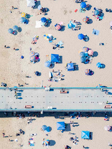  Color aerial photo of the Manhattan Beach Pier in Los Angeles California, with beach umbrellas
