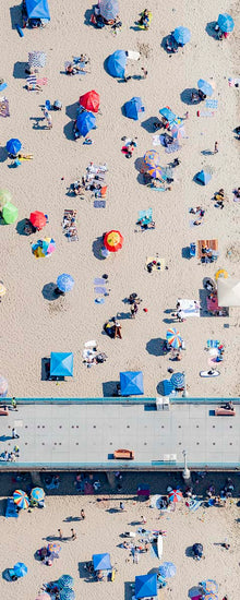  Vertical panoramic color aerial photo of the Manhattan Beach Pier in Los Angeles with beach umbrellas