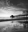 A sunset photo taken on the south side of the Manhattan Beach Pier. The clouds in the sky are pink and orange. They look like a spider with a bunch of legs reaching out for something. The clouds are reflected in the sand because it is low tide in black and white.