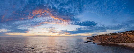 Sunset from the cliffs of Palos Verdes California, with the Pacific Ocean and Catalina Island in the distance, panoramic