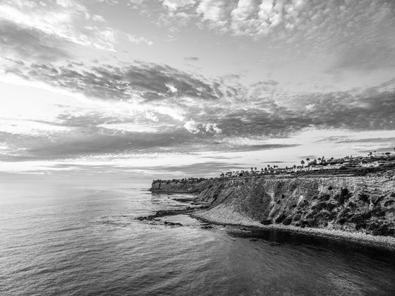 Sunset from the cliffs of Palos Verdes California, with the Pacific Ocean, in black and white