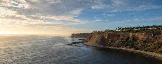 Sunset from the cliffs of Palos Verdes California, with the Pacific Ocean, as a panoramic photo