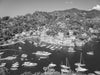 Portofino Italy photo from above at the Brown Castle, showing the full harbor and boats, in black and white