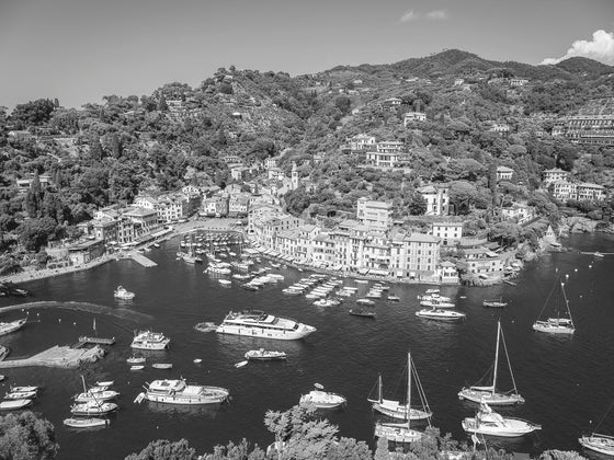 Portofino Italy photo from above at the Brown Castle, showing the full harbor and boats, in black and white