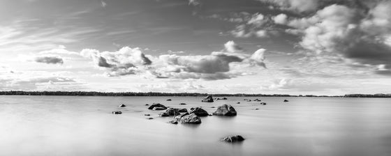 Long exposure photo of a lake in Sweden, in black and white