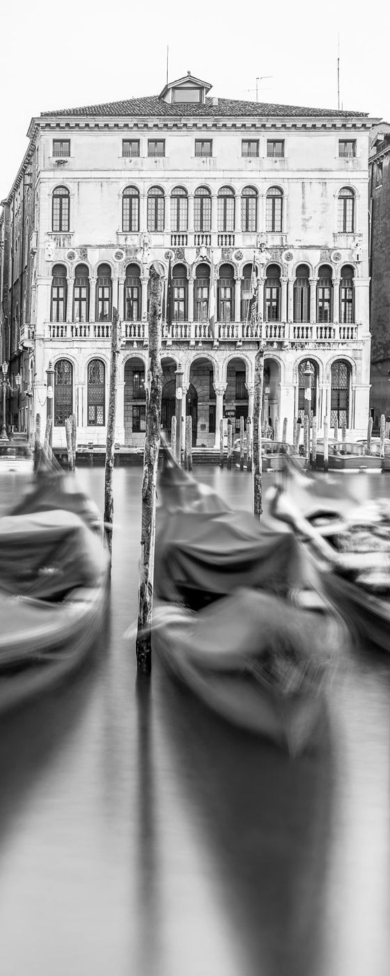 Black and white vertical panoramic photo of gondolas on the grand canal in Venice Italy Gondolas, Venice Italy
