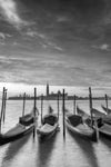 Black and white photo of gondolas and the Church of San Giorgio Maggiore, Venice Italy